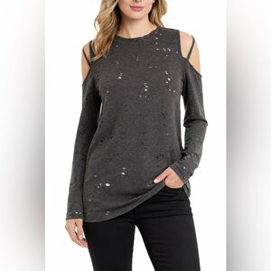 Twenty Cold Shoulder Distressed Long Sleeve Top - Dark Gray